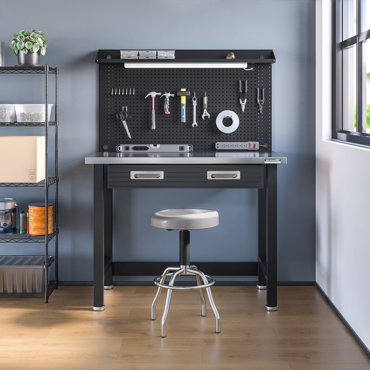 Seville Classics UltraHD Lighted Workcenter w/ Stainless Steel Top and Pegboard